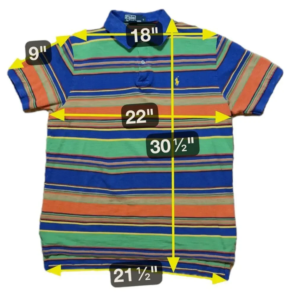 VTG Y2K Polo Ralph Lauren Polo Shirt Mens Green Blue Orange Yellow Stripes Sz L